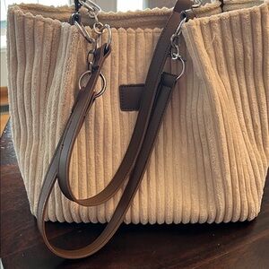 Beautiful cream corduroy purse,leather shoulder straps, perfect size, like new!!